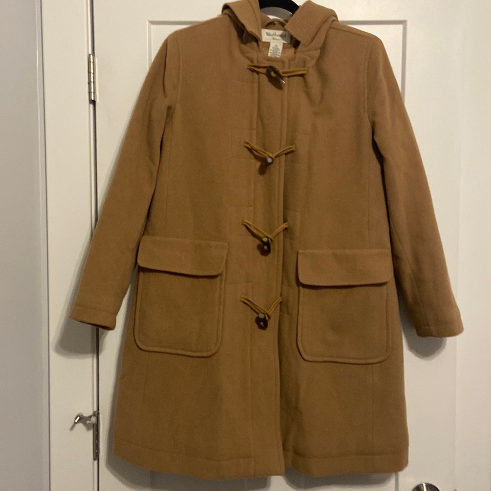 Westbound petites PM tan wool blend zip up and toggle closures and hood